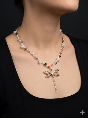 Dragonfly Beaded Crochet Necklace | Colorful Glass Beads | Adjustable 17”